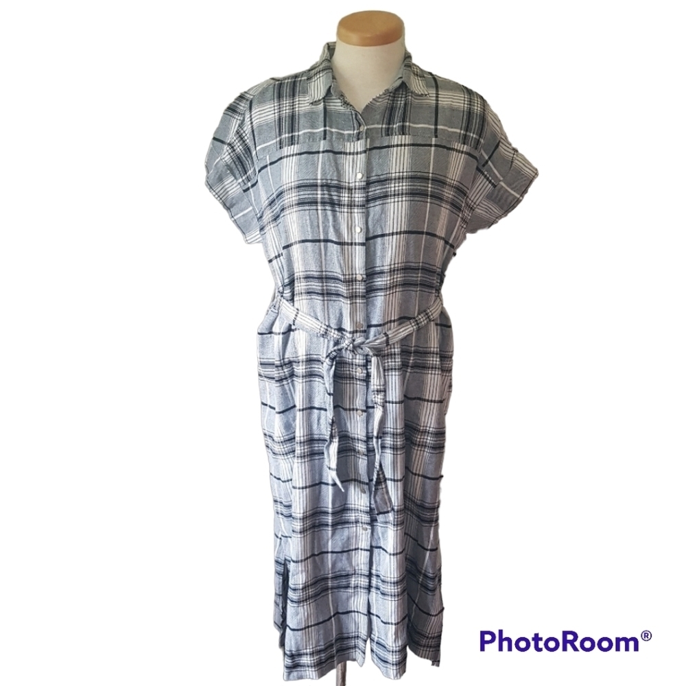Jones New York Linen Blend Plaid Button Down Belted Maxi Shirt Dress